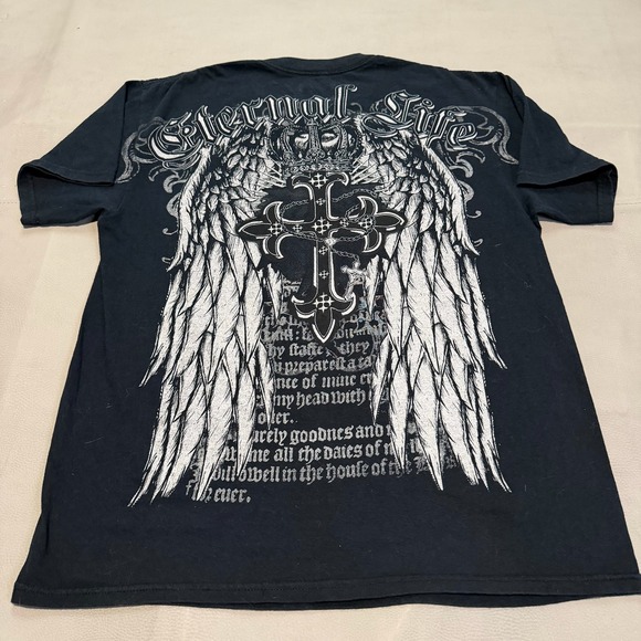 Hybrid Premium Other - VTG Y2K Mens Cross Angel Wing Skate Emo Bible T-Shirt Black Double AOP-M-6753